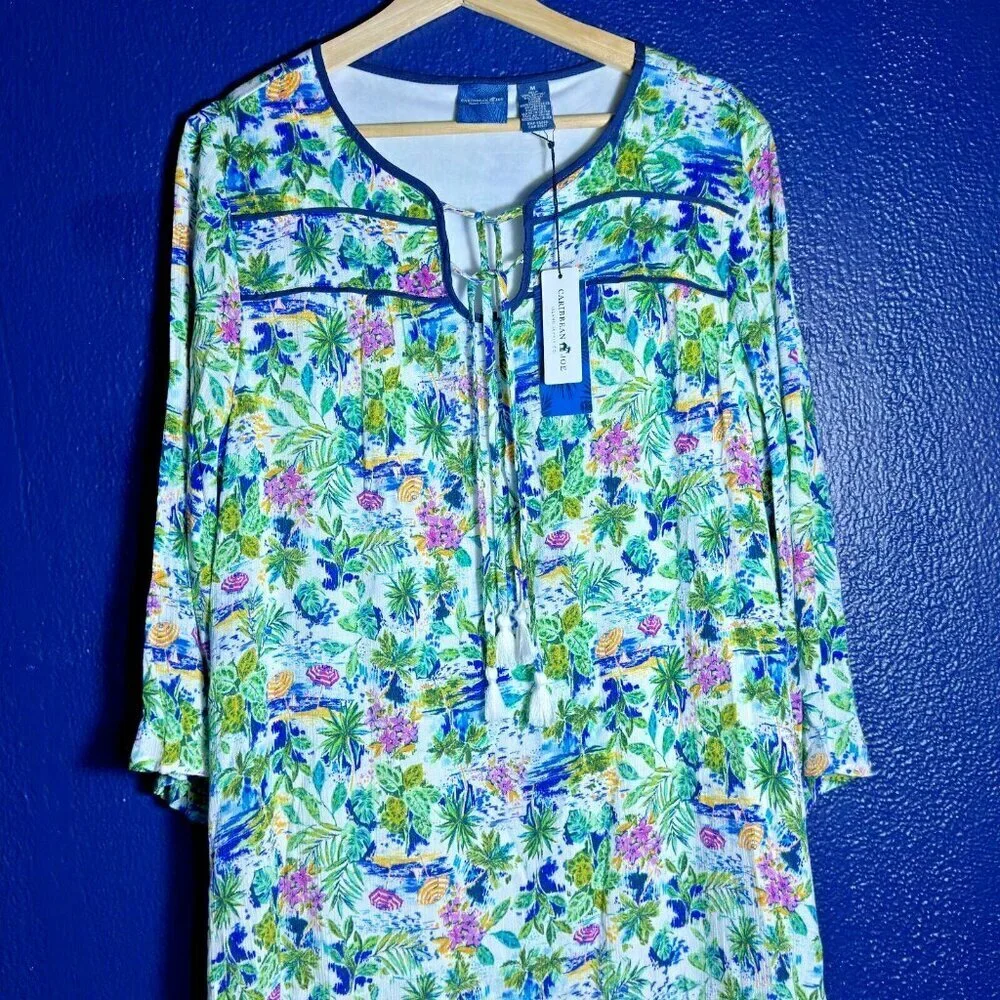 Caribbean Joe Size M Pink White Blue Print Aqua Dress lined Travel Casual nwt - Picture 5 of 14